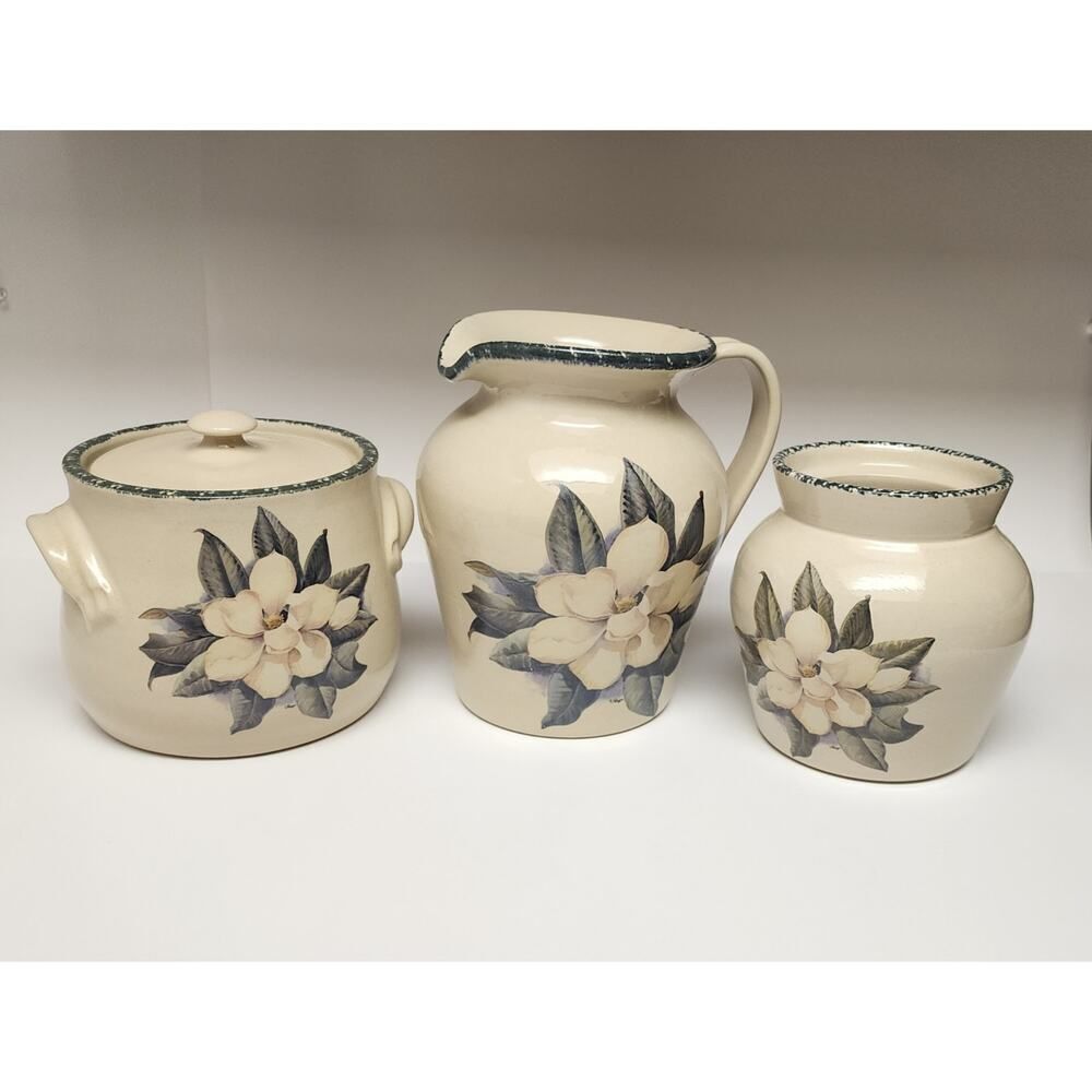 Casey 3PC  Pottery Marshall Texas Magnolia Crock W/ Lid Pitcher & Canister